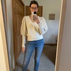 Express Cream Balloon Long Sleeve V-Neck Sweater